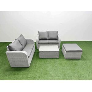 Fimous 5 Seater Outdoor Love Sofa Set Rattan Garden Furniture Set with Rectangular Coffee Table Big Footstool Light Grey