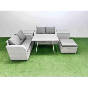 Fimous 5 Seater Outdoor Love Sofa Set Rattan Garden Furniture Set with Rectangular Dining Table 2 Side Tables Big Footstool Light Grey