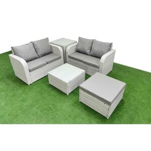 Fimous 5 Seater Outdoor Love Sofa Set Rattan Garden Furniture Set with Square Coffee Table Big Footstool Side Table Light Grey