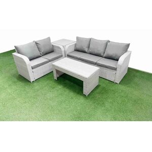 Fimous 5 Seater PE Rattan Wicker Garden Furniture Patio Conservatory Sofa Set with Oblong Coffee Table 3 Seater Sofa Love Sofa Side Table