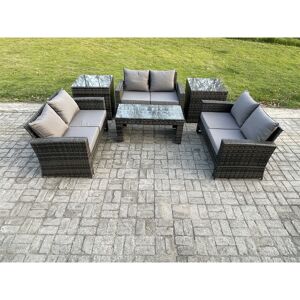Fimous 6 PCS Outdoor Lounge Sofa Set Wicker PE Rattan Garden Furniture Set with Coffee Table Double Seater Sofa 2 Side Tables Dark Grey Mixed