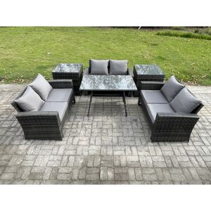 FIMOUS 6 pcs Outdoor Lounge Sofa Set Wicker pe Rattan Garden Furniture Set with Rectangular Dining Table Love Seat Sofa 2 Side Tables Dark Grey Mixed