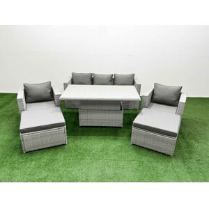 Fimous 6 PCs Rising Dining Table Set Rattan Furniture Set with 3 Seater Sofa Chair 2 Big Footstools Light Grey