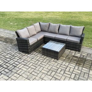 6 Seater Outdoor Furniture Garden Dining Set Rattan Corner Sofa Set with Square Coffee Table Dark Grey Mixed - Fimous