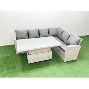 6 Seat Rattan Garden Furniture Corner Sofa Set Outdoor Adjustable Lifting Dining or Coffee Table Set Light Grey - Fimous