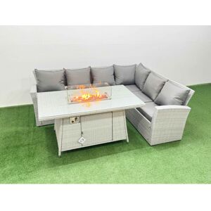 Fimous - 6 Seat Rattan Garden Furniture Corner Sofa Set Outdoor Gas Fire Pit Table Set Light Grey