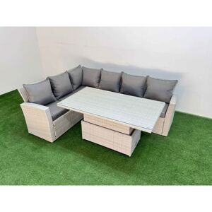 6 Seat Rattan Outdoor Garden Furniture Corner Sofa Set Adjustable Lifting Dining or Coffee Table Set Light Grey - Fimous