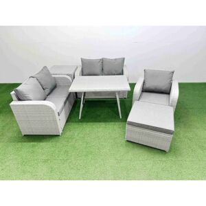Fimous 6 Seater Outdoor Rattan Garden Furniture Set Love Sofa Reclining Chair Set with Rectangular Dining Table Side Table Big Footstool Light Grey