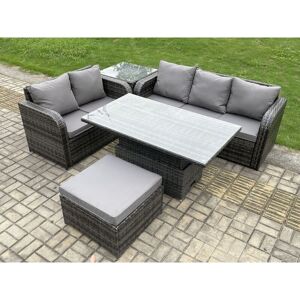 FIMOUS 6 Seater Outdoor Rattan Garden Furniture Sets Height Adjustable Rising lifting Dining Table Lounge Sofa Set With Side Table Big Footstool Dark Grey