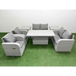 FIMOUS 6 Seater Outdoor Reclining Chair Love Sofa Set Rattan Garden Furniture Set with Adjustable Lifting Dining or Coffee Table 2 Side Tables Light Grey