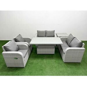 FIMOUS 6 Seater Outdoor Reclining Chair Love Sofa Set Rattan Garden Furniture Set with Adjustable Lifting Dining or Coffee Table Side Table Light Grey