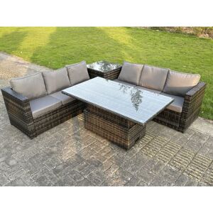 6 Seater pe Rattan Corner Sofa Set Rising Adjustable Dining Table Set High Side Table With Seat And Back Cushion - Fimous