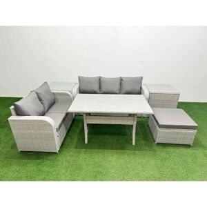 FIMOUS 6 Seater pe Rattan Wicker Garden Furniture Patio Conservatory Sofa Set with Rectangular Dining Table 3 Seater Sofa Love Sofa Big Footstool 2 Side