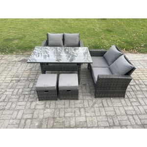 Fimous 6 Seater PE Wicker Rattan Garden Furniture Set Love Sofa Outdoor Rectangular Dining Table 2 Small Footstools Dark Grey Mixed