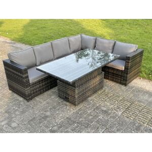 6 Seater Rattan Corner Sofa Set Rising Adjustable Dining Table Set With Seat And Back Cushion - Fimous