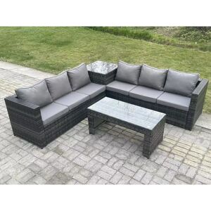 6 Seater Rattan Corner Sofa Set With Square Side Table And Oblong Rectangular Coffee Tea Table Dark Grey Mixed - Fimous