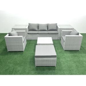 6 Seater Rattan Garden Furniture Set with 3 Seater Sofa 2 Chair Square Coffee Table Big Footstool 2 Side Tables Light Grey Mixed - Fimous