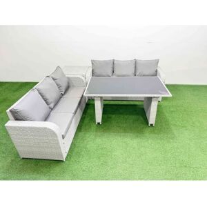 Fimous - 6 Seater Rattan Outdoor Dining Table 3 Seater Sofa Set with Side Table Light Grey