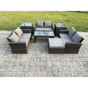 FIMOUS 7 pcs Outdoor Lounge Sofa Set Wicker pe Rattan Garden Furniture Set with Coffee Table Double Seater Sofa 2 Side Tables Big Footstool Dark Grey Mixed