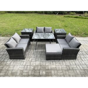 FIMOUS 7 pcs Outdoor Lounge Sofa Set Wicker pe Rattan Garden Furniture Set with Rectangular Dining Table Love Seat Sofa 2 Side Tables Big Footstool Dark