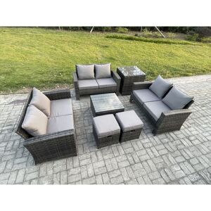 FIMOUS 7 pcs Outdoor Lounge Sofa Set Wicker pe Rattan Garden Furniture Set with Square Coffee Table Double Seat Sofa Side Table 2 Small Footstools Dark Grey
