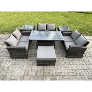 FIMOUS 7 pieces Outdoor Lounge Sofa Set Wicker pe Rattan Garden Furniture Set with Rising Lifting Table Double Seat Sofa 2 Side Tables Big Footstool Dark