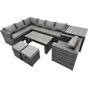 Fimous 7 Pieces Outdoor PE Rattan Garden Furniture Corner Sofa Oblong Coffee Table Set with Cushions 2 Small Stools Side Table Dark Grey Mixed