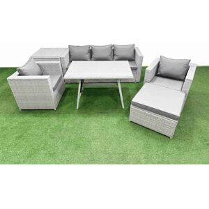 Fimous 7 Pieces Outdoor PE Rattan Sofa Armchair Set Patio Garden Furniture Sets with Cushions Side Table Big Stool Light Grey