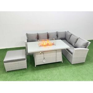7 Seat Rattan Garden Furniture Corner Sofa Set Outdoor Gas Fire Pit Table Set with Big Footstool Light Grey - Fimous