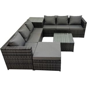 Fimous - 7 Seater Garden Outdoor Rattan Furniture Set Patio Corner Sofa Coffee Table with Big Stool Dark Grey