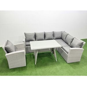 7 Seater Garden Outdoor Rattan Furniture Set Rattan Corner Sofa Oblong Dining Table with Armchair Light Grey Mixed - Fimous