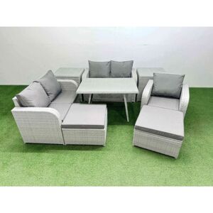 FIMOUS 7 Seater Outdoor Rattan Garden Furniture Set Love Sofa Reclining Chair Set with Rectangular Dining Table 2 Side Tables 2 Big Footstools Light Grey