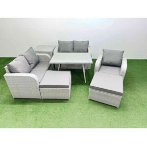 FIMOUS 7 Seater Outdoor Rattan Garden Furniture Set Love Sofa Reclining Chair Set with Rectangular Dining Table Side Table 2 Big Footstools Light Grey
