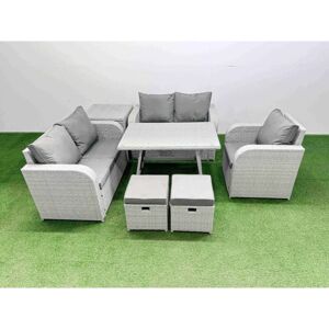 FIMOUS 7 Seater Outdoor Rattan Garden Furniture Set Love Sofa Reclining Chair Set with Rectangular Dining Table Side Table 2 Small Footstools Light Grey