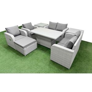 FIMOUS 7 Seater Outdoor Reclining Chair Love Sofa Set Rattan Garden Furniture Set with Adjustable Lifting Dining or Coffee Table Footstool 2 Side Tables