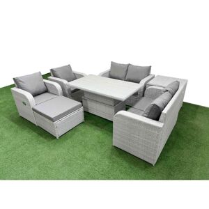 FIMOUS 7 Seater Outdoor Reclining Chair Love Sofa Set Rattan Garden Furniture Set with Adjustable Lifting Dining or Coffee Table Footstool Side Table Light