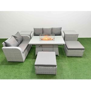 FIMOUS 7 Seater pe Rattan Wicker Garden Furniture Patio Conservatory Sofa Set with Firepit Dining Table 3 Seater Sofa Love Sofa 2 Big Footstool 2 Side Table