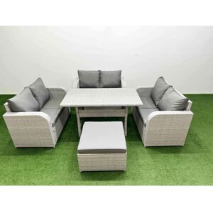 Fimous 7 Seater PE Wicker Rattan Furniture Sofa Sets with Rectangular Dining Table 2 Seater Love Sofa Big Footstool Light Grey