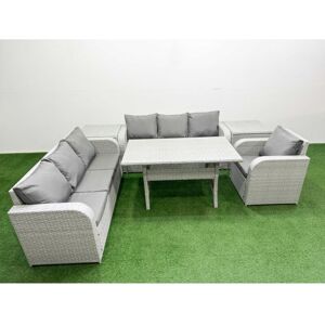 FIMOUS 7 Seater Poly Rattan Outdoor Garden Furniture Rectangular Dining Table Sofa Set Patio 3 Seater Sofa Reclining Chair 3 Seater Sofa 2 Side Table Light