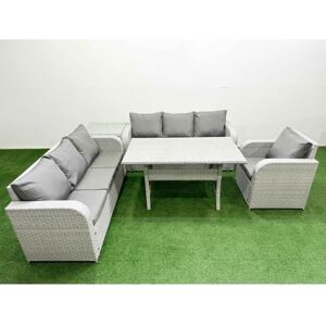 FIMOUS 7 Seater Poly Rattan Outdoor Garden Furniture Rectangular Dining Table Sofa Set Patio 3 Seater Sofa Reclining Chair 3 Seater Sofa Side Table Light