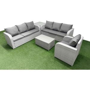 7 Seater Poly Rattan Outdoor Garden Furniture Sofa Set Patio 3 Seater Sofa Reclining Chair 3 Seater Sofa Side Table Light Grey - Fimous