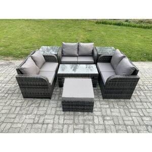 FIMOUS 7 Seater Rattan Garden Furniture Set Indoor Outdoor Patio Sofa Set with Coffee Table Love seat Sofa 2 Side Tables Big Footstool Dark Grey Mixed