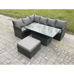 7 Seater Rattan Garden Furniture Sets High Back Corner Sofa Height Adjustable Rising Lifting Table Set with Big Footstool Dark Grey Mixed - Fimous