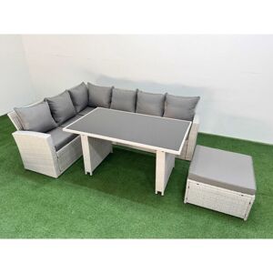 Fimous - 7 Seater Wicker Rattan Corner Sofa Sets Outdoor Garden Furniture Sets with Rectangular Dining Table Lounge Sofa Big Footstool Light Grey