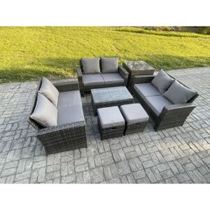 7pc Rattan Sofa Garden Furniture Outdoor Patio Set with Side Table 2 Small Footstools Double Seat Sofa Dark Grey Mixed - Fimous