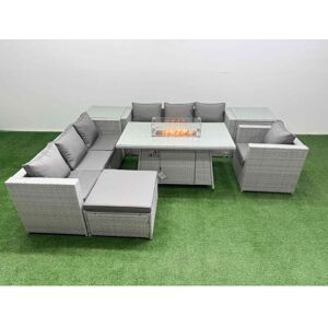 8 Seat pe Rattan Lounge Sofa Set Outdoor Garden Furniture Set with Firepit Dining Table 3 Seater Sofa Big Stool 2 Side Tables Light Grey - Fimous