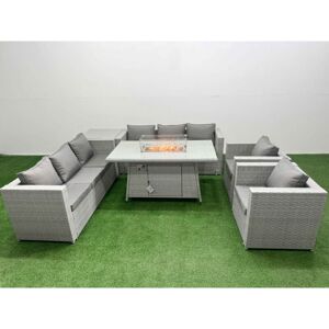 8 Seat pe Rattan Lounge Sofa Set Outdoor Garden Furniture Set with Firepit Dining Table 3 Seater Sofa Side Table Light Grey - Fimous