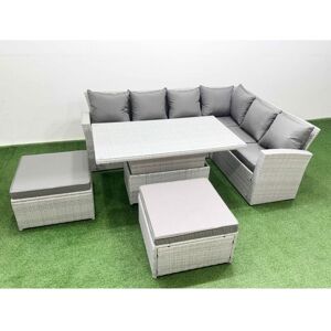 FIMOUS 8 Seat Rattan Garden Furniture Corner Sofa Set Outdoor Adjustable Lifting Dining or Coffee Table Set with Armchair 2 Big Footstools Light Grey