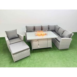 8 Seat Rattan Garden Furniture Corner Sofa Set Outdoor Gas Fire Pit Table Set with Big Footstool Light Grey - Fimous