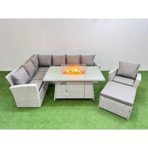 8 Seat Rattan Garden Furniture Corner Sofa Set Outdoor Gas Fire Pit Table Sets with Big Footstool Light Grey - Fimous